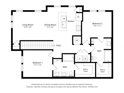 Floor plan for 2 beds, 2 baths, 1240 sqft